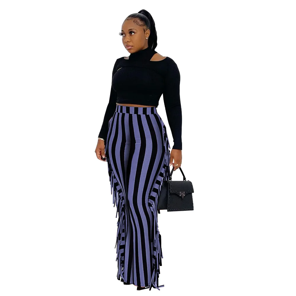 Striped Fringed Tassel Women's Pants & Trousers 2022 Fall Winter