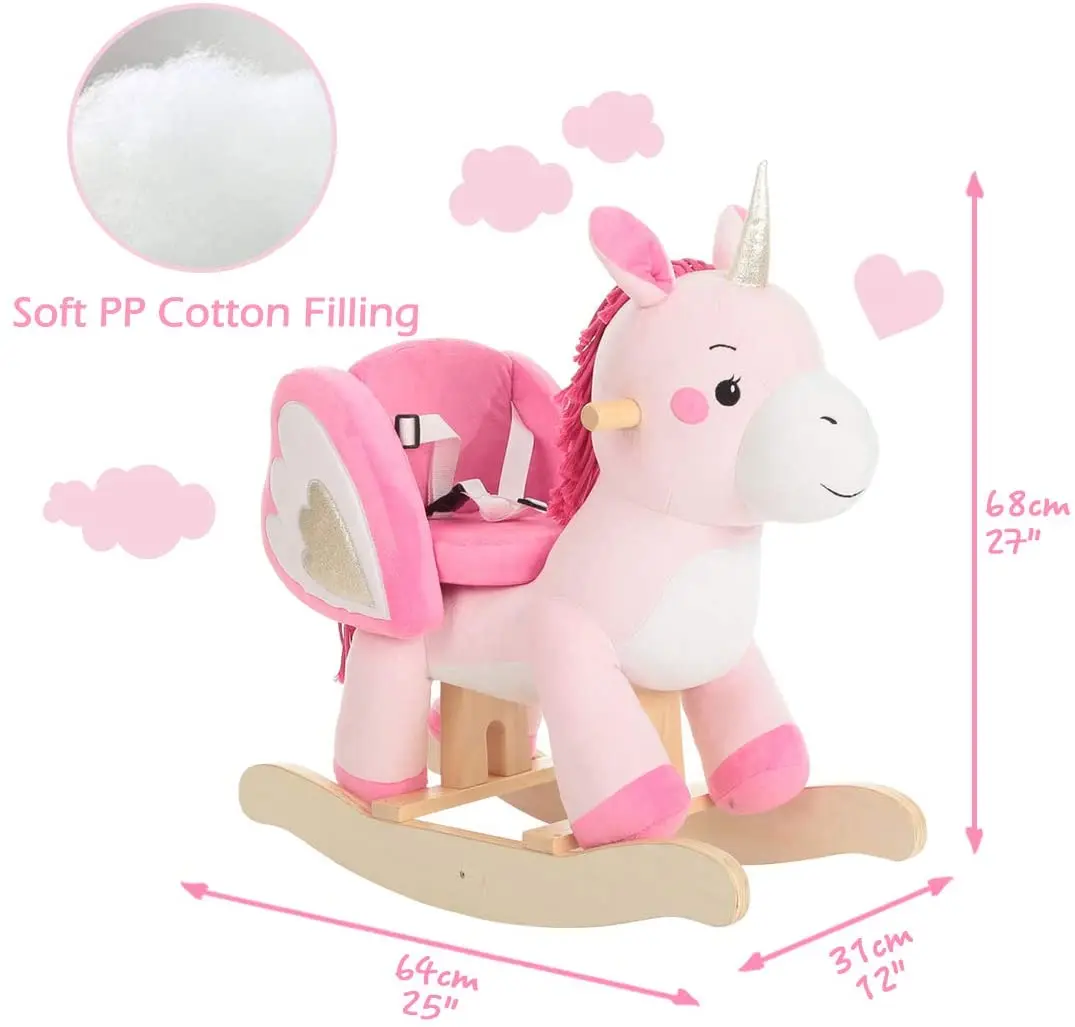 2022 Custom Animal Unicorn Rocking Horse Plush Soft Riding on Horse Paseo De Juguete  Kids Wooden Baby Rocking Horse