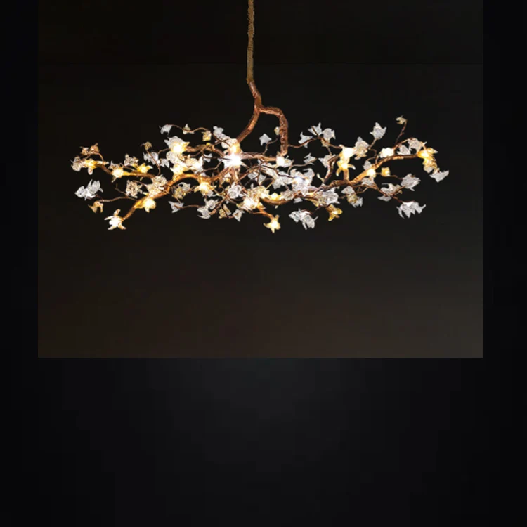 Copper Chandelier Lights with Sparkling Azure Stone Trumpet Flower Lanterns Decoration Club Ceiling Pendant Lamp