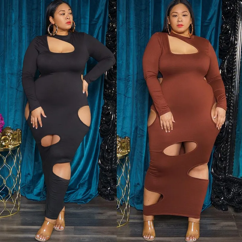 Solid Color Plus Size Women's Dress Vneck Long Sleeve Elegant Dress