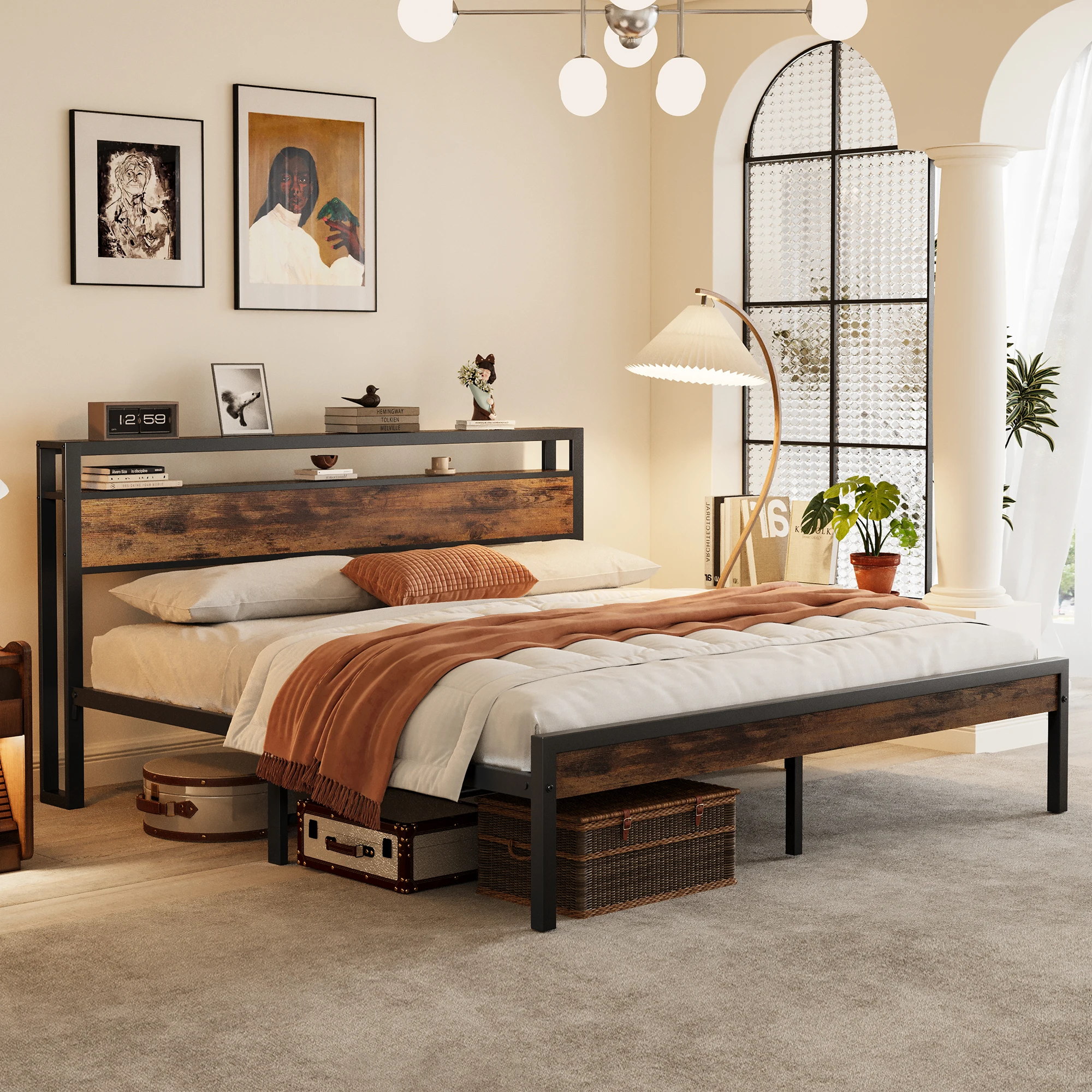 king Size Bed Frame Luxury Modern Design Strong Metal Platform Bed Frame with Walnut MDF Headboard for Apartment Use