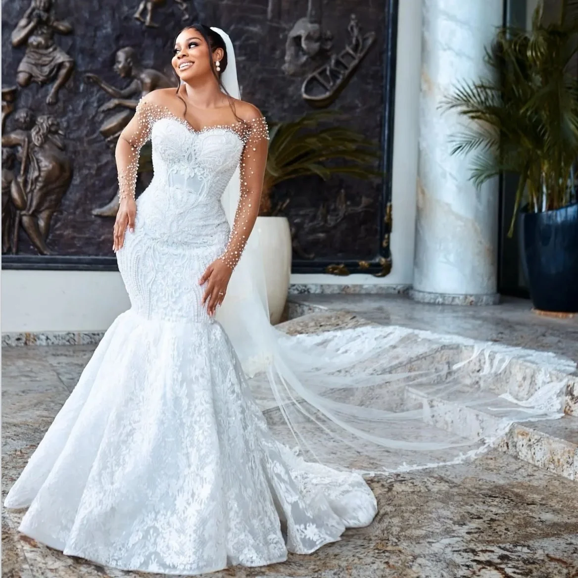 chinese dress ladies Plus Size Off the Shoulder White Mermaid Wedding Gown – FancyVestido