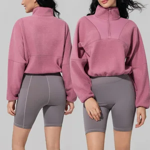 Roregal Fleece Stand Up Collar Half Zipper Sports Hoodie Keep Warm Fitness  Long Sleeve Top  for Women