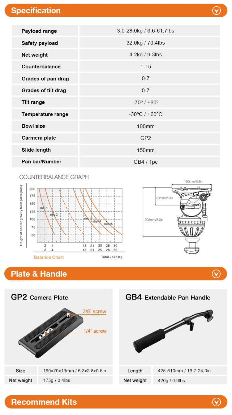 E-IMAGE GH25 100mm Heavy Duty Fluid Video Head with Sliding Plate and 2-Section