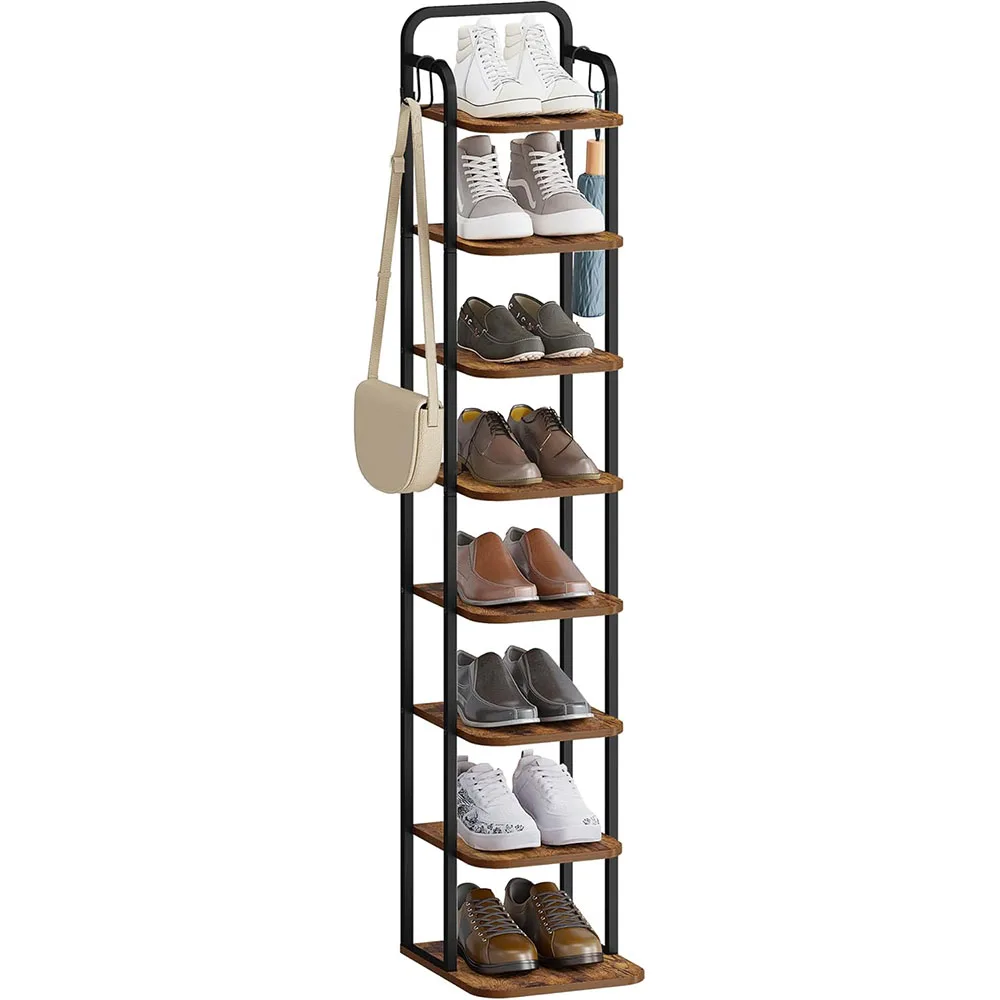 8-Tier Vertical Shoe Rack Wooden Narrow Shoe Tower with 2 Hooks for Entryway and Living Room Organizer for Tall Shoes supplier