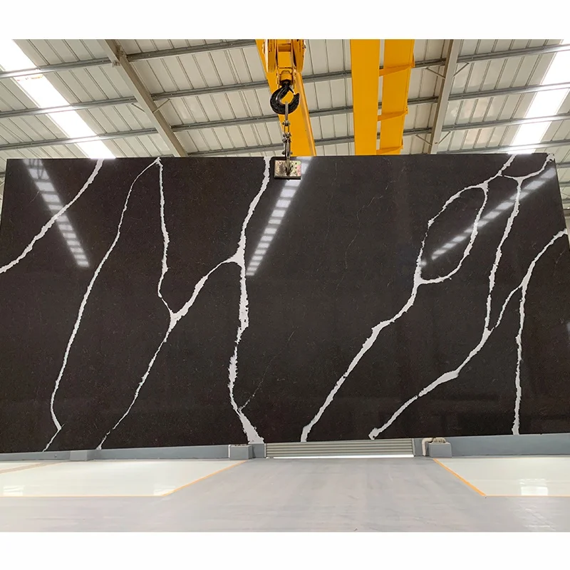 بيع مباشر من المصنع: رخام كوارتز اصطناعي أسود من نوع كالاكاتا للاستخدام في أسطح الطاولات، رخام كوارتز أسود مع عروق بيضاء