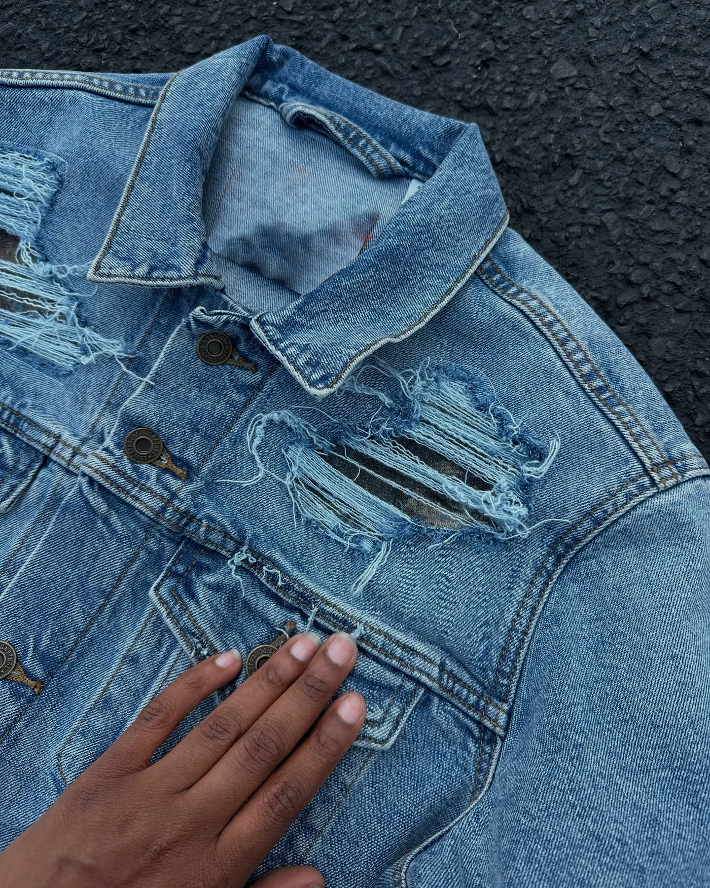 Customize Street Wear Gothic Retro Casual Splicing Black Wash Panel Wide Leg Jeans Custom Outfits Work Denim Jeans Jacket Sets gallery 4