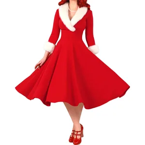 Winter Leisure Party Fur TrimIn Stock V Neck Long Sleeve Christmas Clothes Female Dresses