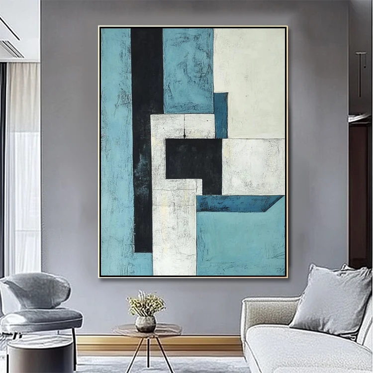 Hand Painted Acrylic Minimalist Artwork Abstract Painting Blue Grey Geometric Hotel Decorative Wall Art