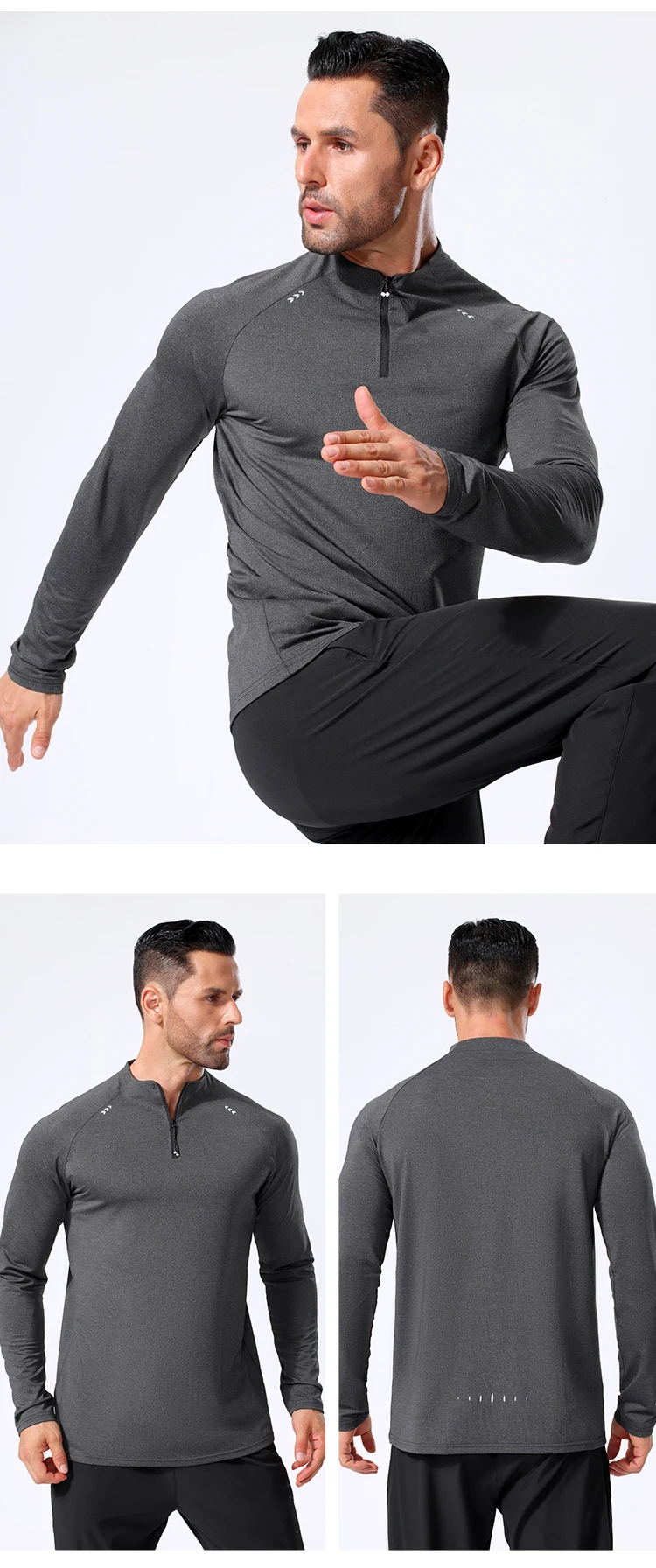 Men Sport Long Sleeve Shirt 90 Polyester 10 Spandex Muscle Reflective Design Zipper Collar Men