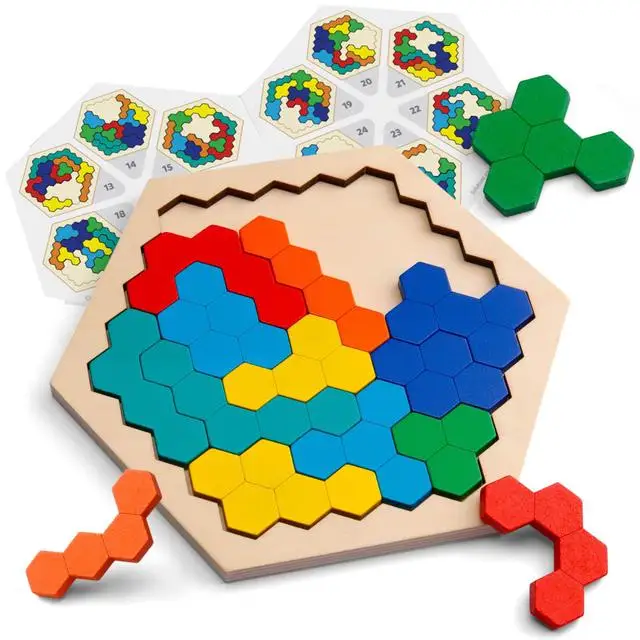 Wooden Hexagon Puzzle for Kid Adults Shape Pattern Block Tangram Brain Teaser Toy Geometry Logic IQ Game