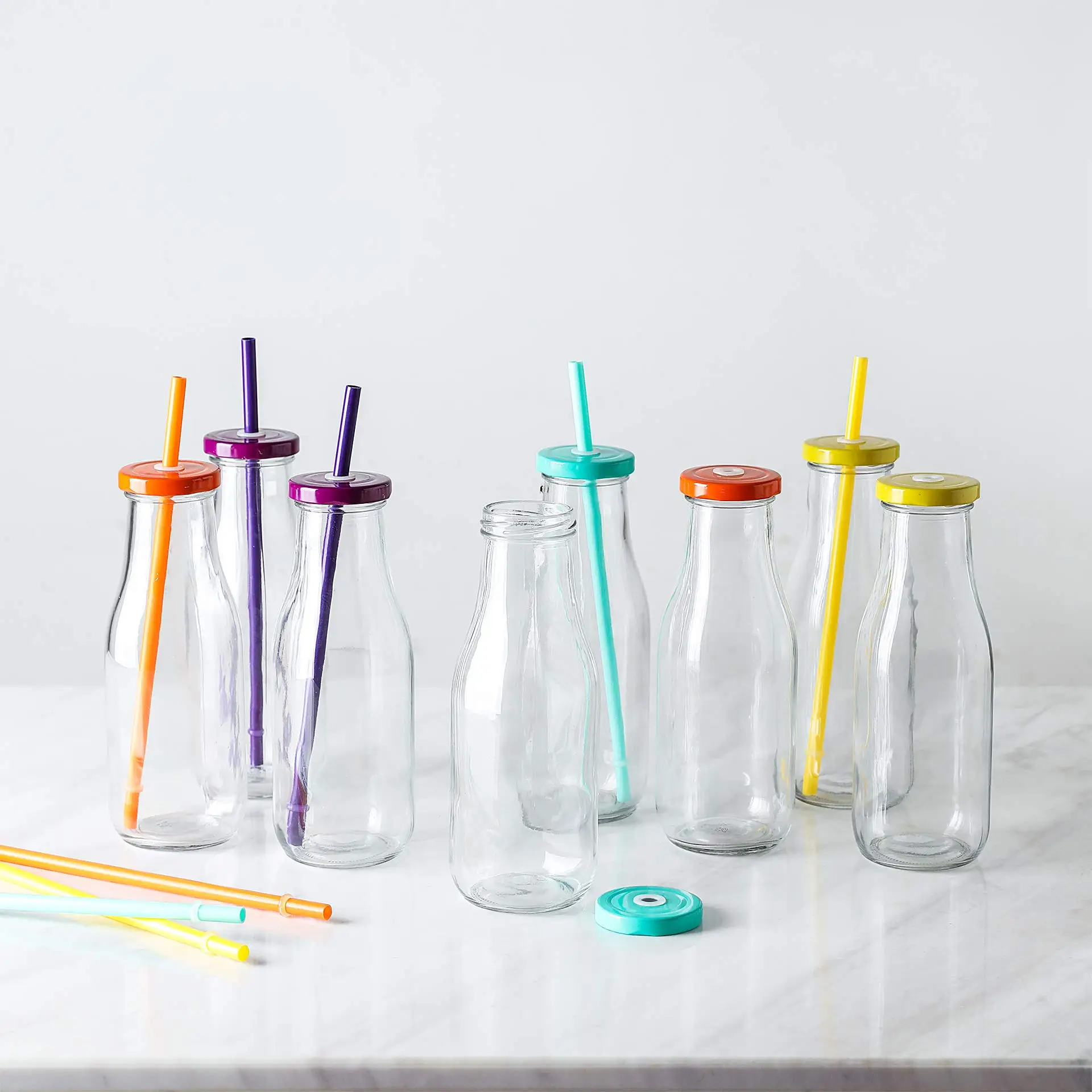 14 Oz Glass Milk Bottles with Colorful Metal Twist Lids and Straws Reusable for Milk Water and Juice