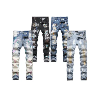 Purple Stacked Ripped Jeans men designer jeans Brand Fashion Clothing jeans men