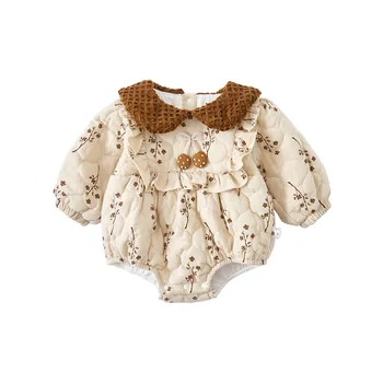 Ins 2024 Winter Baby girls Jumpsuit Cotton Knitted Buttons Long Sleeve Bodysuit girl Toddler Floral Baby Rompers