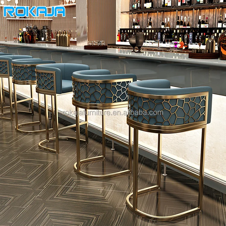 Wholesale High Bar Chair U-Shaped Honeycomb Back Design Bar Stools Luxury  Gold Stainless Steel Feet Coffee Shop High Chair