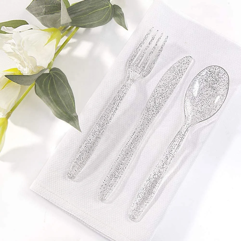PS Disposable Plastic Cutlery Gold Sliver Rose Gold Glitter Disposable Plastic Flatware Knife Fork Spoon