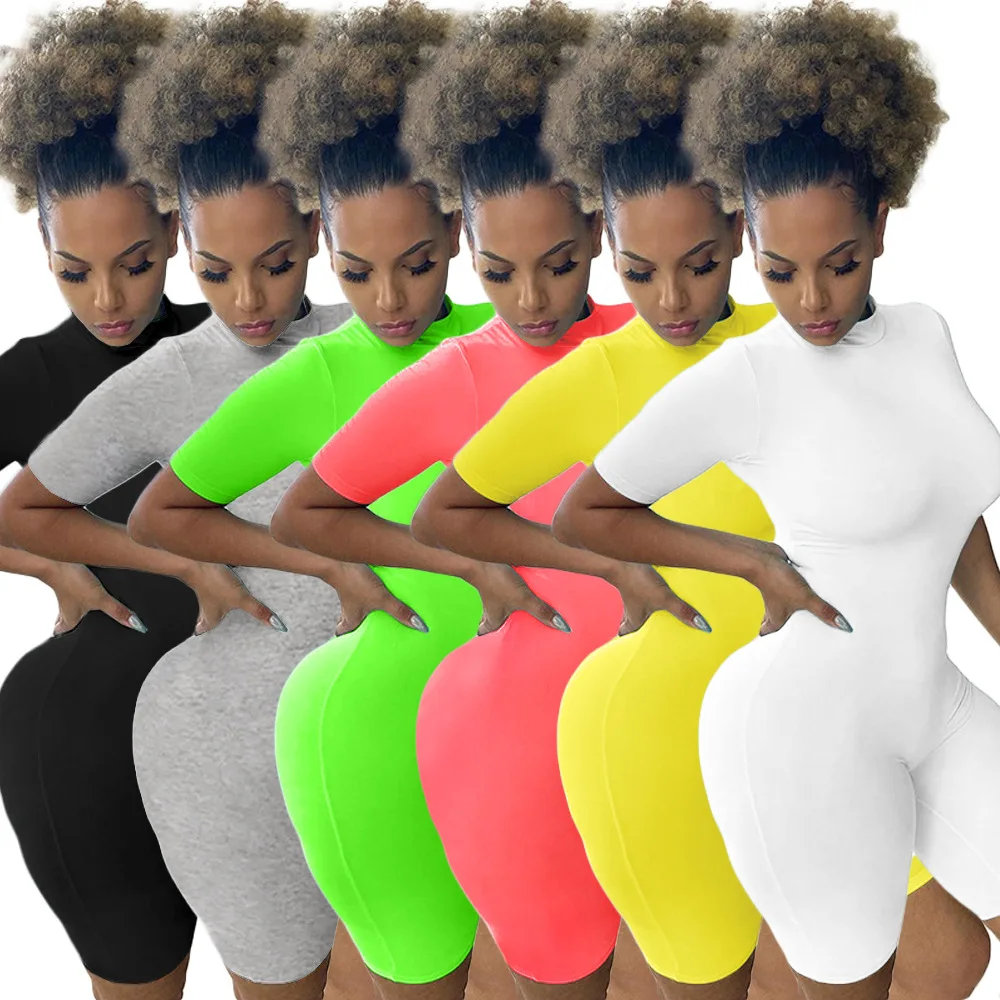Fitness Women Streetwear Neon Bodysuit Women Mock Neck Short Sleeve Casual Playsuit High Elastic Sexy Tight Sports