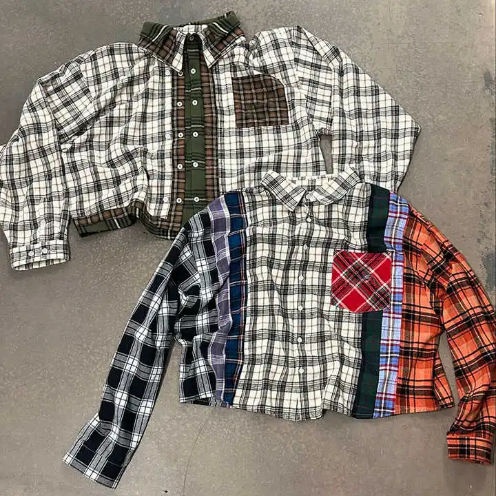 Salati T-shirt Hommes Manufacturer Regular Button up Baggy Longsleeve Vintage Oversized Plaid Check Flannel Cropped T Shirts Men gallery 7