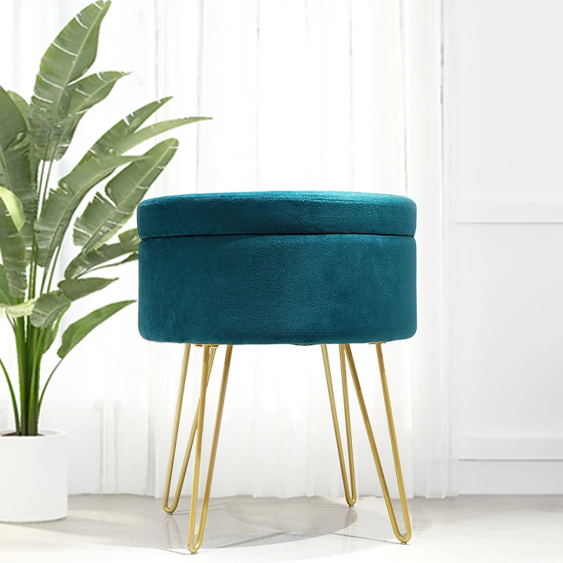 Custom Living Room Furniture Round Pouf Modern Velvet Storage Cloud Ottoman Fabric Stool With Metal Legs and Coffee Table