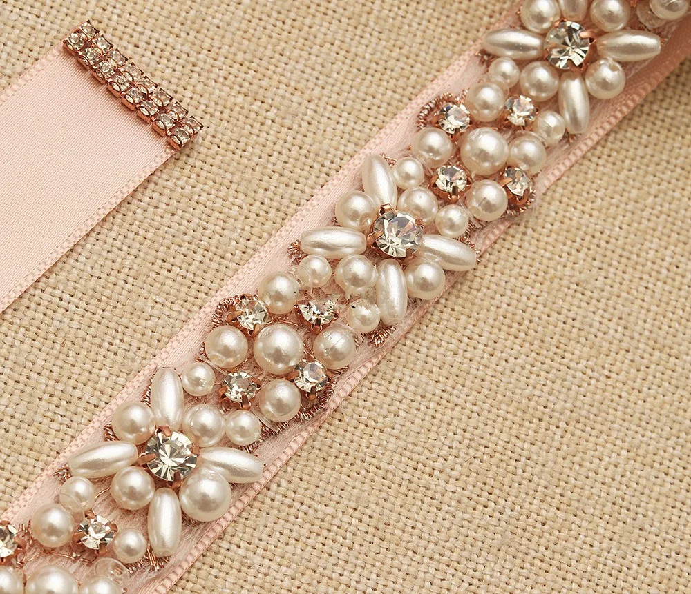 Luxury Pearl Belt with Rose Gold Rhinestone - Bridal Accessory