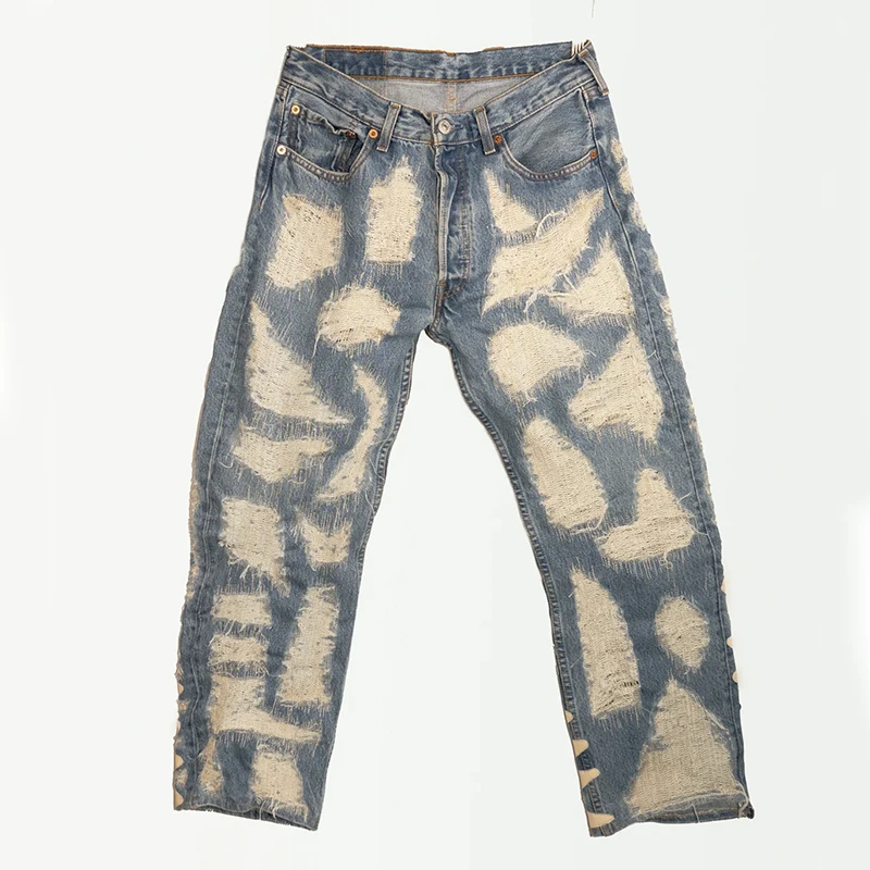 DiZNEW high quality cut holes and vintage heavy washing stacked men's jeans  print  loose straight leg jeans men details