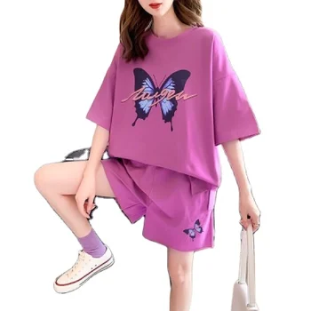 Purple casual sportswear suit women loose Korean style Western fashion summer dress 2021 new shorts two-piece suit velvet tracks
