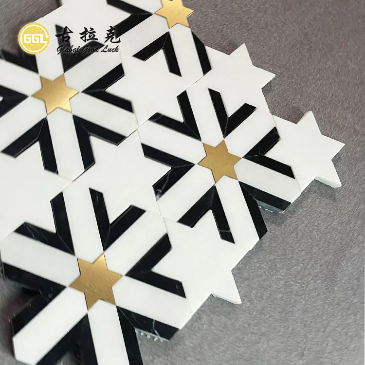 Hot Selling White Mosaic Star Shape Marble Tile Inlay Brass Stone Black Wall Floor Mosaic Tile