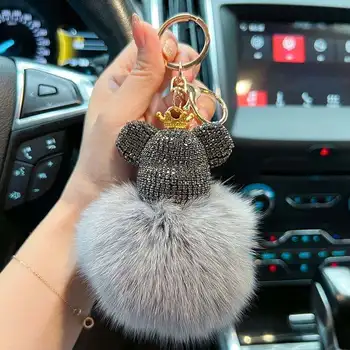 Fashion diamond teddy bear and crown flashing diamond key chain pendant Pom Pom Bag Charm Fluffy Fur Ball bear key chain
