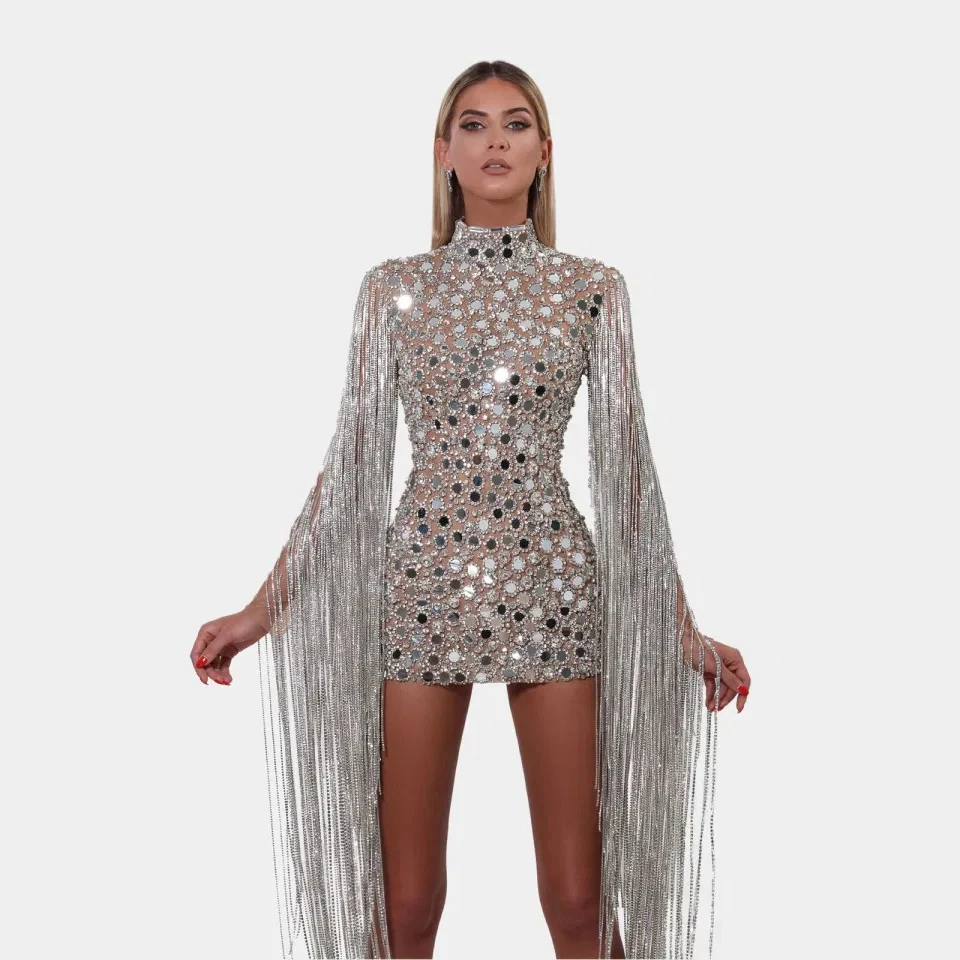 2022 New Arrival Fashion Sexy Sequins Tassel Costume Dress Long Sleeve