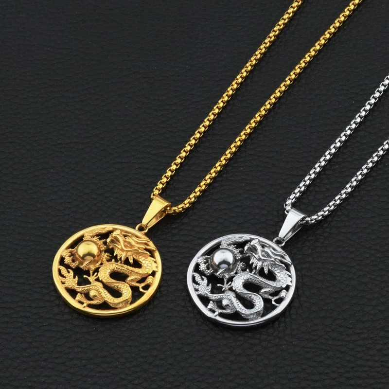 Collana Uomo Drago Cinese In Acciaio Inossidabile – Ciondolo Drago 3D Con Catena 60 Cm, Punk Rock, Gioiello Portafortuna