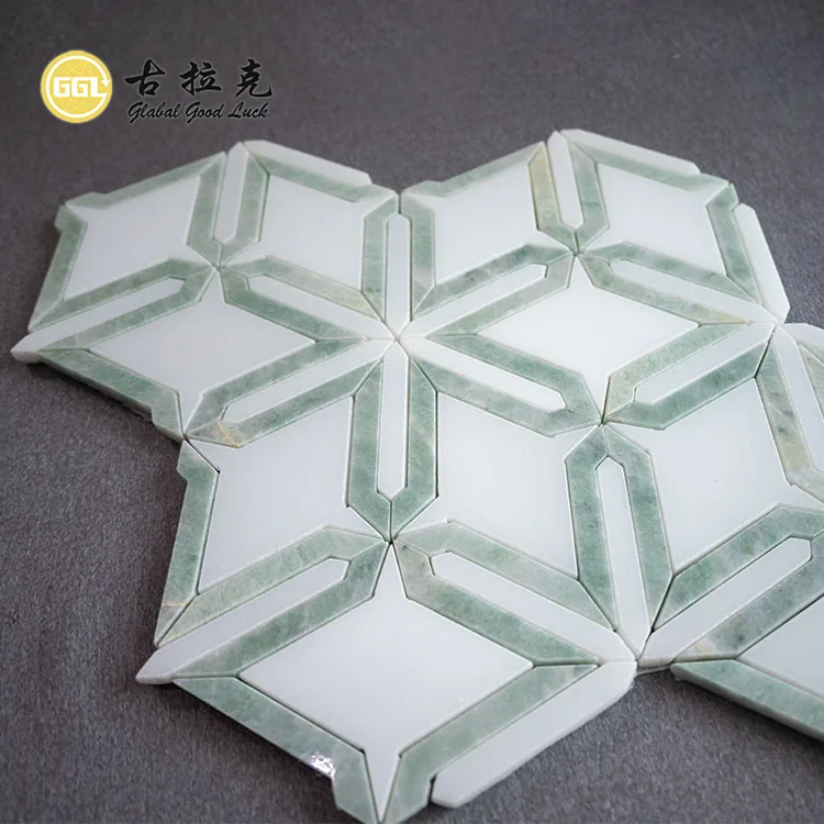 New Design Water Jet White Marble Mosaic Tile Green Stone Edge Mosaic Tile for Interior Decor