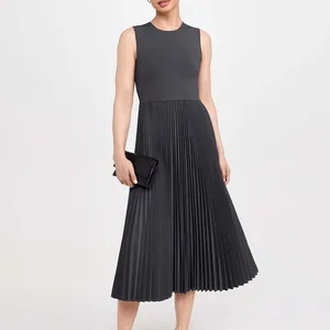 Clothing Manufacturers Custom Spring Summer Autumn Crew Neck Pleated A-line Sleeveless Maxi Rib Dress