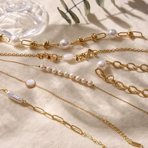 Ilona Wholesale Customizable Vintage Style 18k Gold Plated Stainless Steel Bracelets Charm Bangles with Personalized Pearls