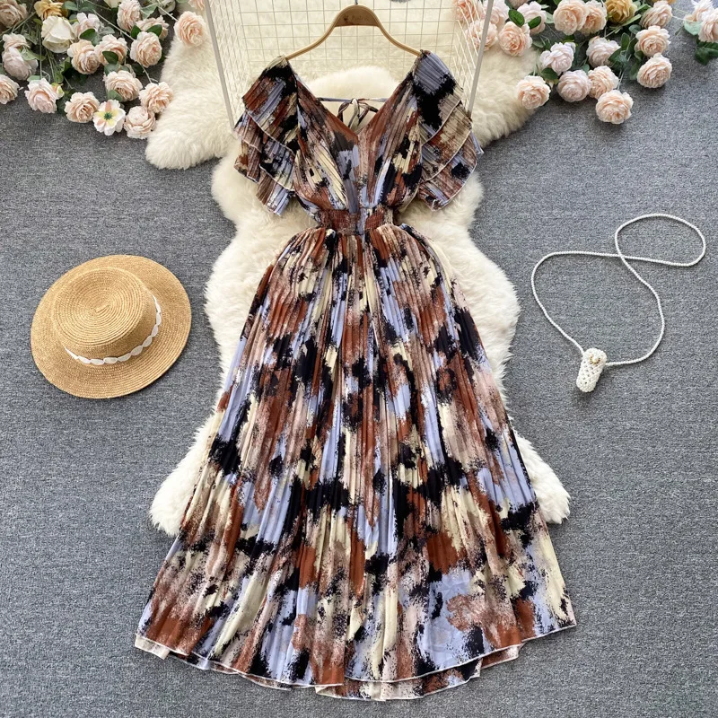 Spring Dress Female Bubble Short Sleeve Casual Dresses Elegant V-neck Holiday Waist Large Swing Long Dress Spring Dress Female Bubble Short Sleeve Casual Dresses Elegant V-neck Holiday Waist Large Swing Long Dress