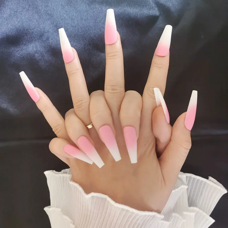 Press on Nails Long Coffin Shape Nails Matte Pink Nail Design 