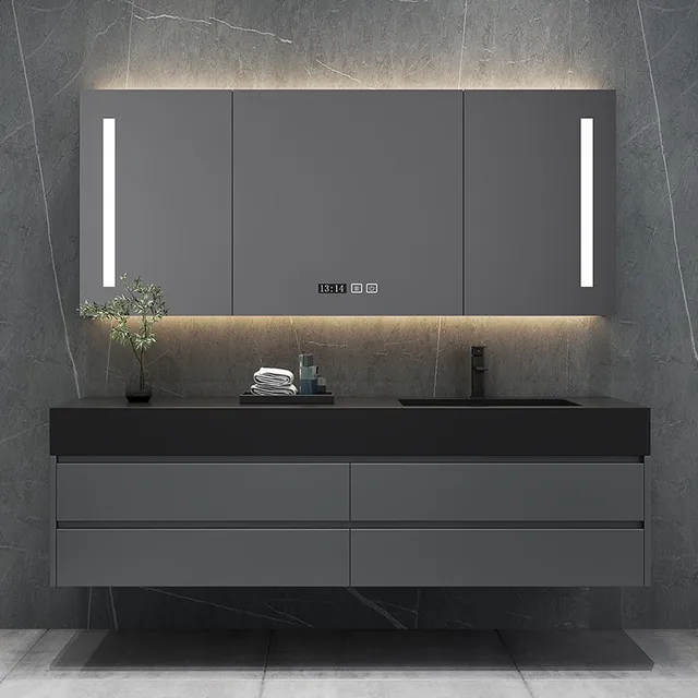 Modern Luxury Bathroom Cabinet with Rock  Mirror Integrated Light Customizable Wash Basin Intelligent Design