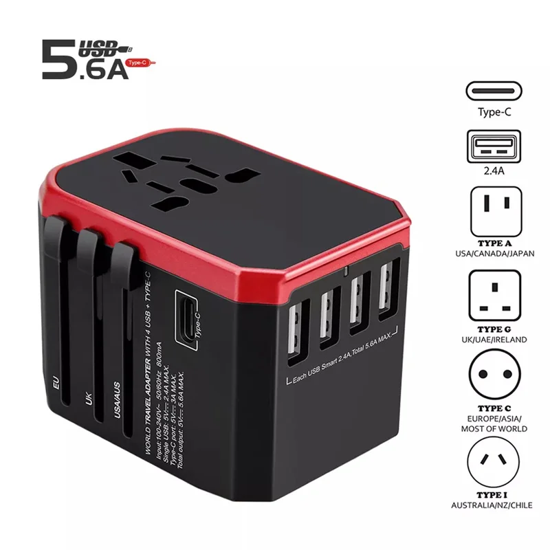 Smart Travel Adapter International Plug Adaptor Wall USB Type C Charger AC Power for USA EU UK AU US