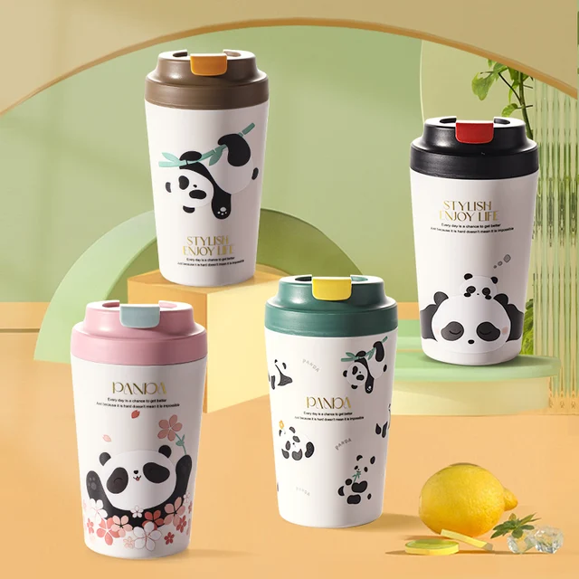 Health Ceramic liner pull flower cup With lid Outdoor Travel mug Portable handy latte Water Goblet panda mug 380ml non-slip