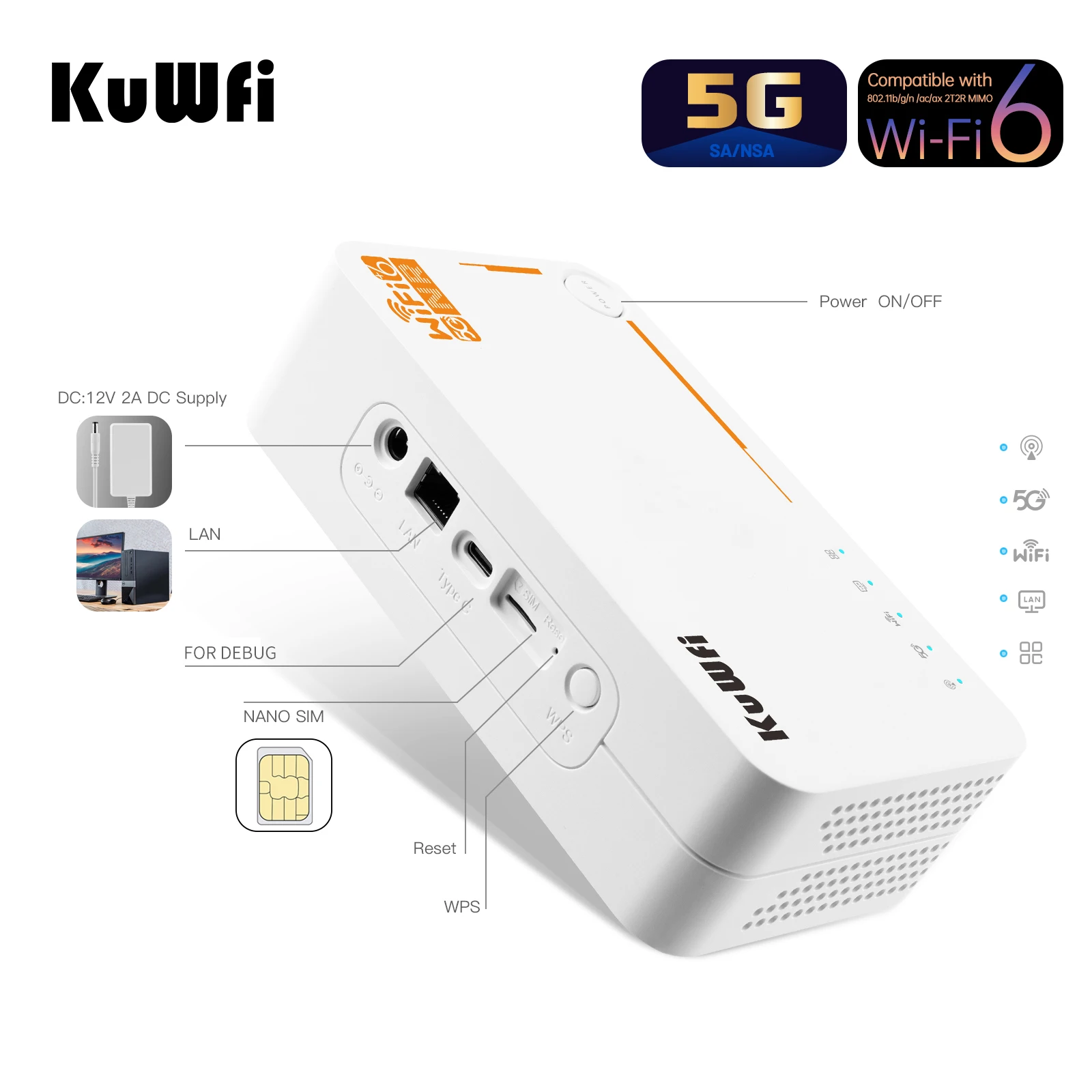 ESim Router KuWFi NSA SA Device Router 5g Wifi Outdoor Cpe Dual Band 3000Mbps 5g Sim Card Universel Router with Big Battery