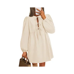 Women's 2025 Fall Babydoll Casual Style Mini Tunic Dress Cute Autumn Pleated A-Line Long Puff Sleeve Self Tie Front Made Chiffon