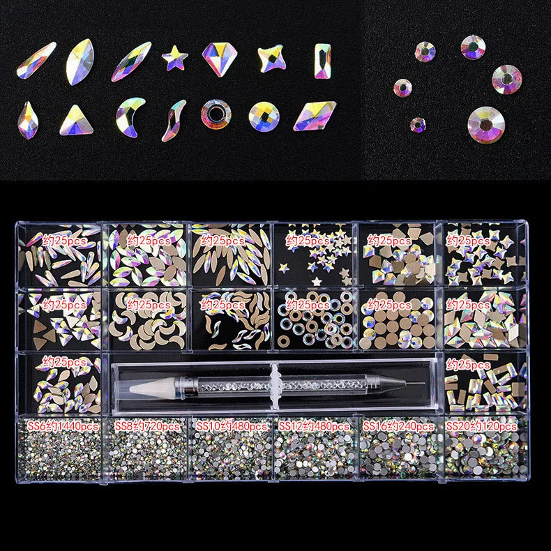 3830Pcs Crystal AB Nails Art Rhinestone Tool Set Mixed Flatback Gemstone for Nails factory