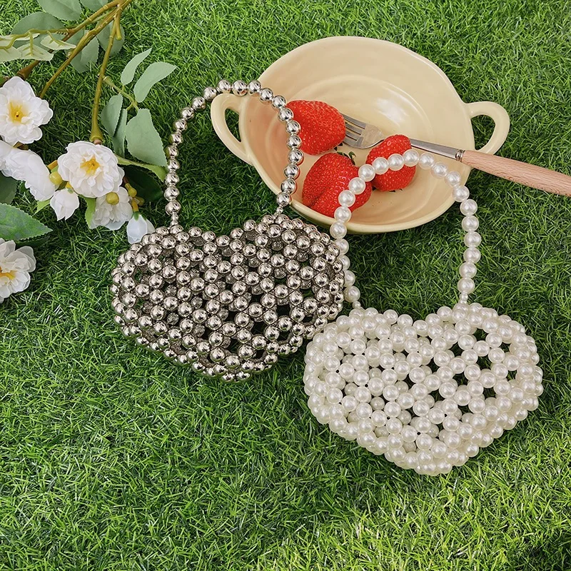 Elegant Heart Shaped Pearl Beaded Bag For Women Small Shoulder