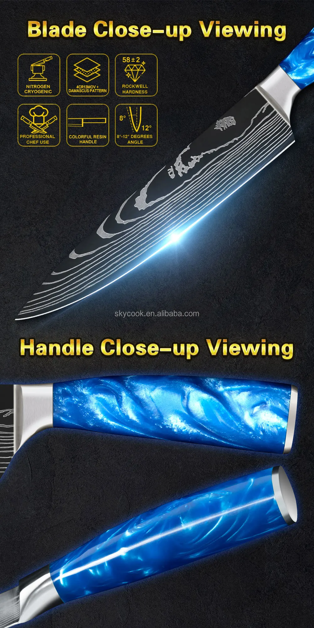 Sapphire Blue Resin Handle Japanese Damascus Knives Set Chef Knifes Set