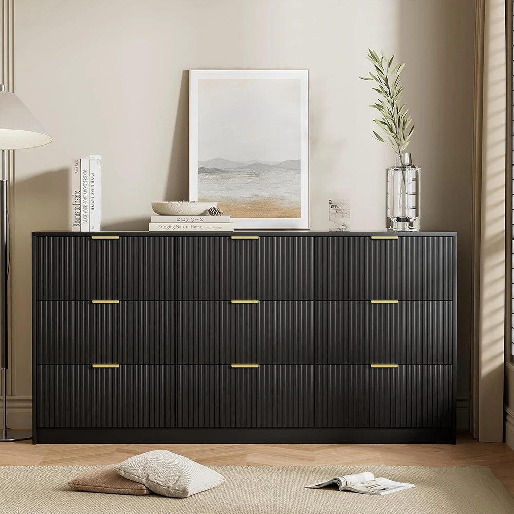 product black wood modern dresser 9 drawers smooth slides wide chest golden handles bedroom living room closet-0