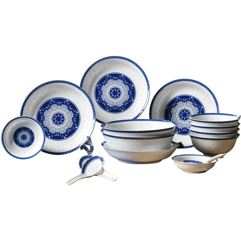 Jingdezhen Intangible Cultural Heritage Linglong Porcelain Tableware Set New Chinese Blue and White Ceramic Bowls and Plates