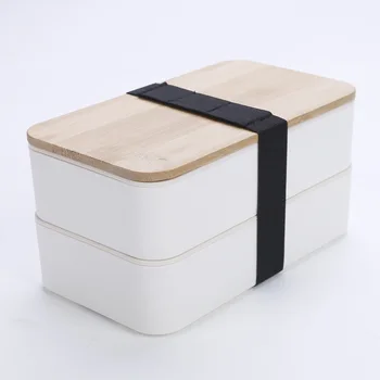 2022 new hot sell Premium Wood Bamboo Lids Microwave Safe Plastic 2 Tiers Japanese Lunch Box Bento With Cutlery Set