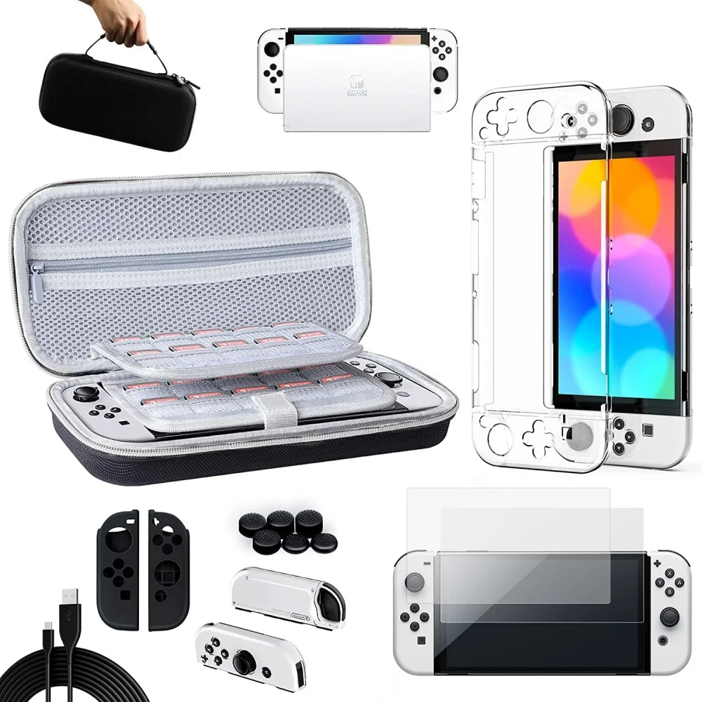 Custom Accessories Kit with Carry Case Clear Cover Screen Protector Silicone Skin for Joy-Con & More for Nintendo Switch OLED