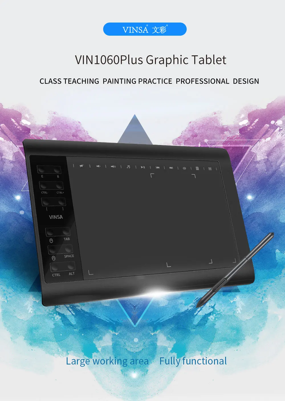 Vinsa 1060plus Graphic Pen Tablet High Speed With Batteryfree Stylus