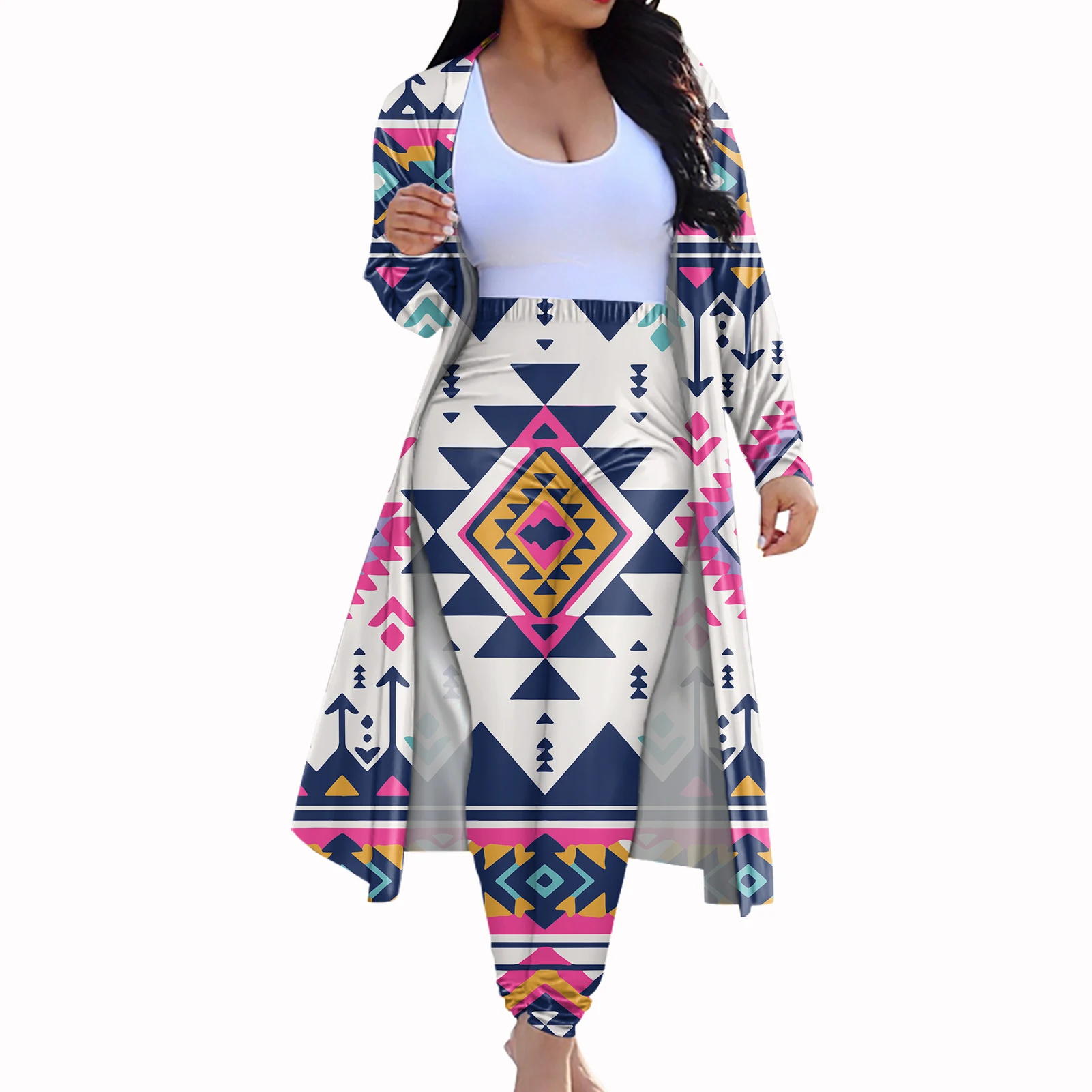 New Arrivals Aztec Design Oversize Cardigan Cloak Skinny Long Pants Women Party Autumn Mexico Tribal Style Kimono Cardigan Sets