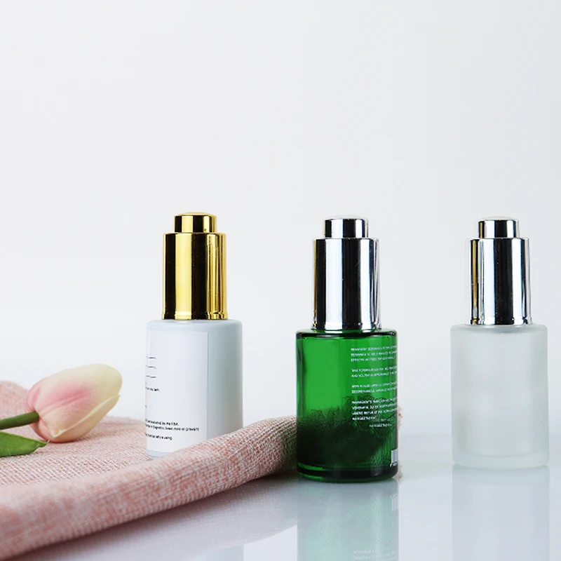 New Design Push Button Flat Shoulder 30ml Essential Oil Bottle Frosted Cosmetic Glass Dropper Bottle
